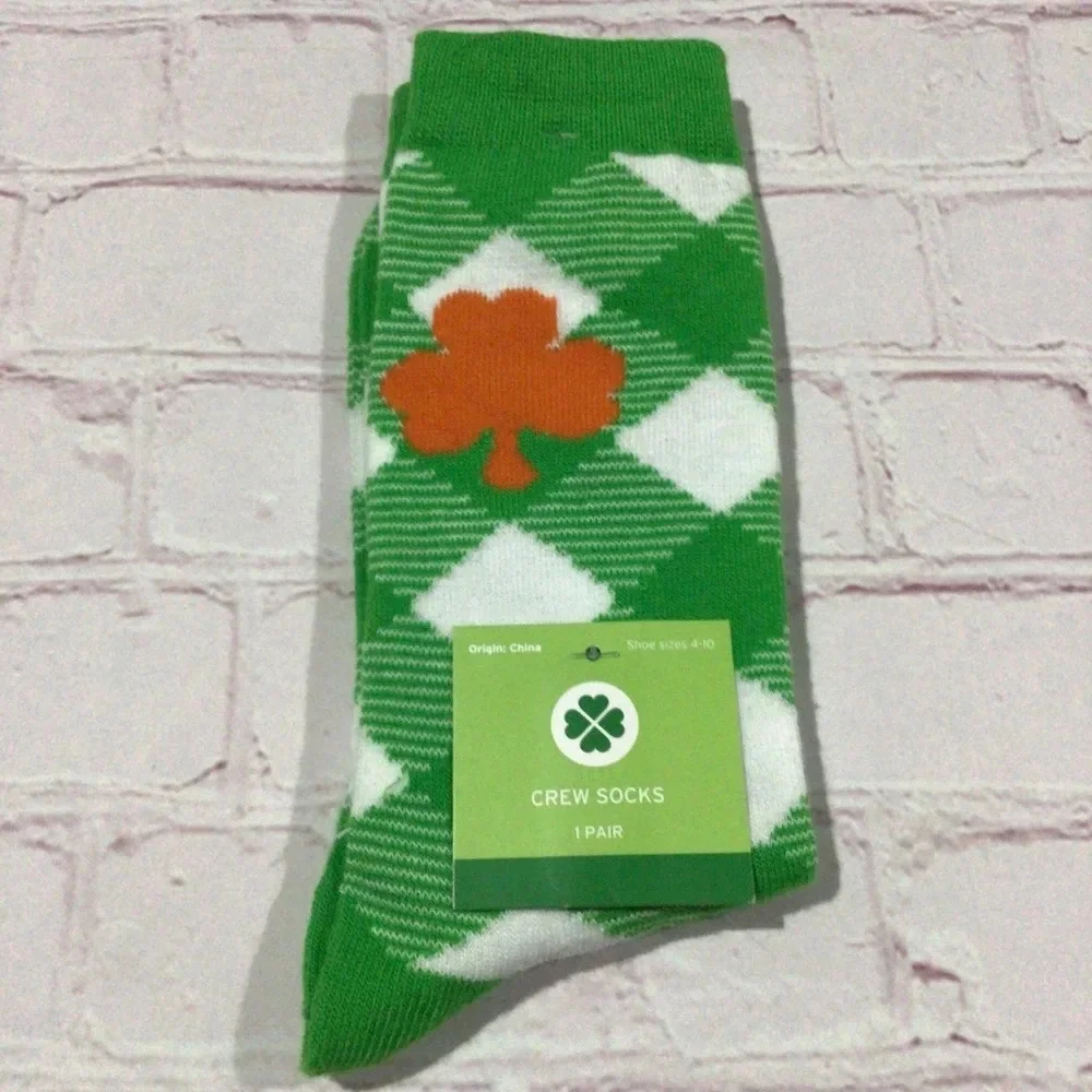 St. Patrick’s Day Green and Orange Shamrock Crew Socks - NWT